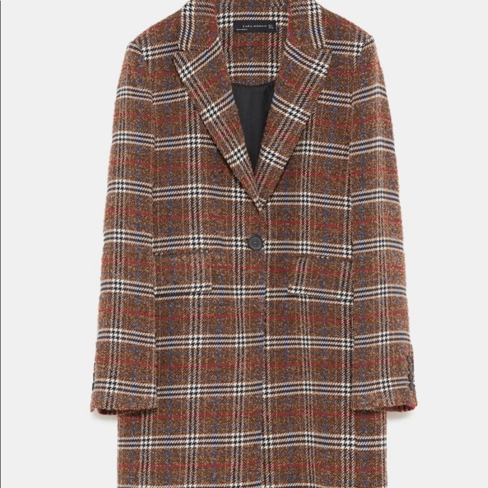 ZARA Longline Checkered Brown Coat | XS